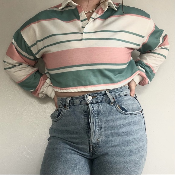 Striped Collared Crop Top - Picture 1 of 5